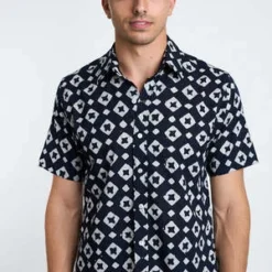 DUSHYANT.Hand Block Printed The Aby Short Sleeve Shirt - Black/White Diamond Batik Print