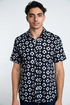 DUSHYANT.Hand Block Printed The Aby Short Sleeve Shirt - Black/White Diamond Batik Print
