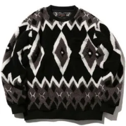 Beams PlusJacquard Boa Fleece Crew Neck - Black/Grey