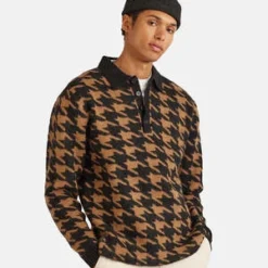 PercivalMohair Houndstooth Rugby Shirt - Tan/Brown